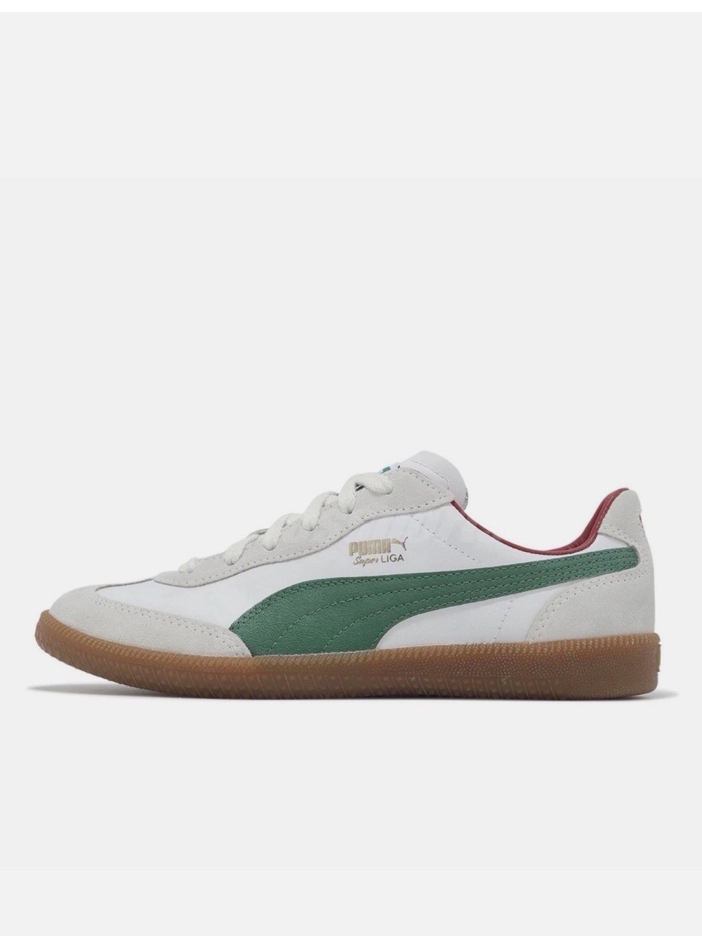 Puma Super Liga Retro Sneakers White with Green Stripe and Gum Sole - Picture 1 of 8